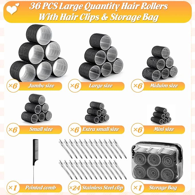 6 Size Hair Rollers for Women, 62 Pcs Rollers Hair Curlers for Long Medium Short Hair, Large Medium Small Self Grip Hair Rollers with 36 Rollers 24 Stainless steel Clips 1 Storage Bag