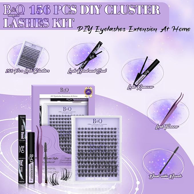 B&Q Wispy Lash Clusters Kit B28, DIY Lash Extension Kit 156PCS Eyelash Extension Kit, Soft Natural Lash Clusters 8-18MIX D Curl Lash cluster, Thin Black Band Cluster Eyelash Extensions (B28 Set)