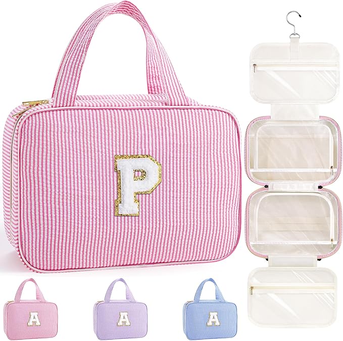 TOPEAST Hanging Toiletry Bag for Women - Travel Initial Toiletry Bag, Portable Toiletries Makeup Pouch, Airplane Travel Essentials - Letter P, Pink