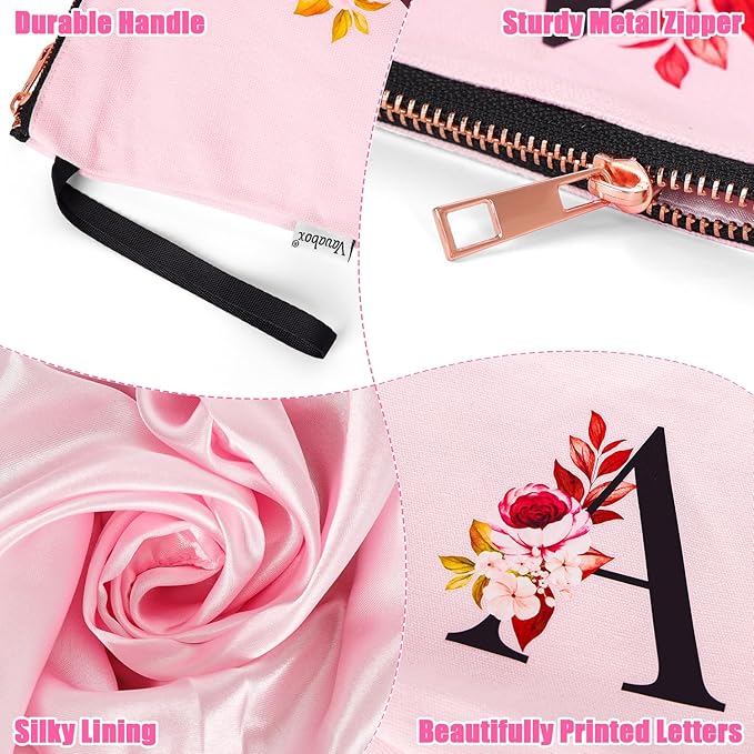 Vavabox A-Z Personalized Makeup Bag, Birthday Gifts for Women Mom, Gifts for Best Friend, Bride Bridesmaid Cosmetic bag (W, Pink)