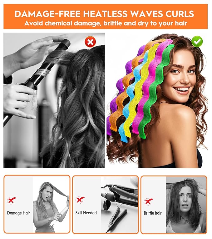30 Pcs Heatless Hair Curlers Wave Curls Styling Kit with 2 Pcs Styling Hooks, No Heat Hair Curlers Heatless Wave Curlers for Women Girls Long Medium Short Hair (6 Colors, 45 cm/17.71 inch)