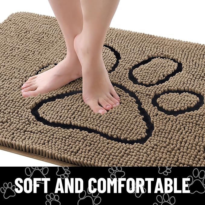 Smiry Dog Door Mat for Muddy Paws, Absorbent Dirt Trapper Non Slip Quick Dry Washable Chenille Mat for Mud Dogs, Entry Rug for Indoor and Outdoor (24x16 Inches, Camel and Black)