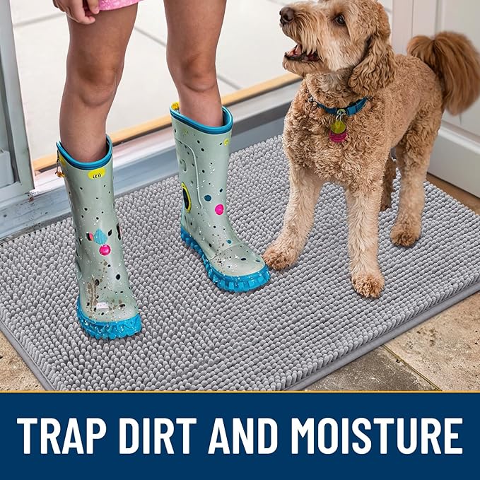 Smiry Dog Door Mat for Muddy Paws 24x16, Absorbs Moisture and Dirt Doormat, Non-Slip Washable Quick Dry Chenille Front Door Mat Indoor Entrance, Entryway Carpet for Inside Floor, Light Grey