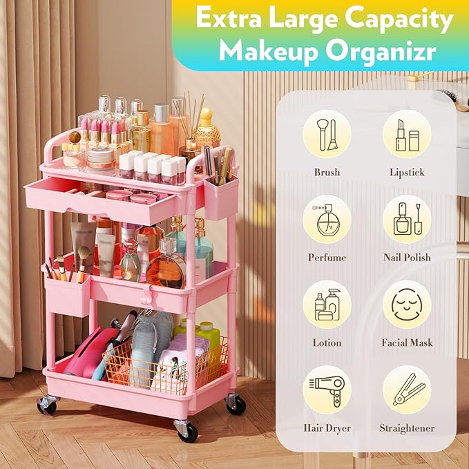 Makeup Cart Organizer with Drawers, Floor Skincare Organizers Vanity Storage Organizer, Rolling Makeup Bathroom Storage Cart Cosmetics Display Cases for Skin Care Perfume Nail Polish, Pink