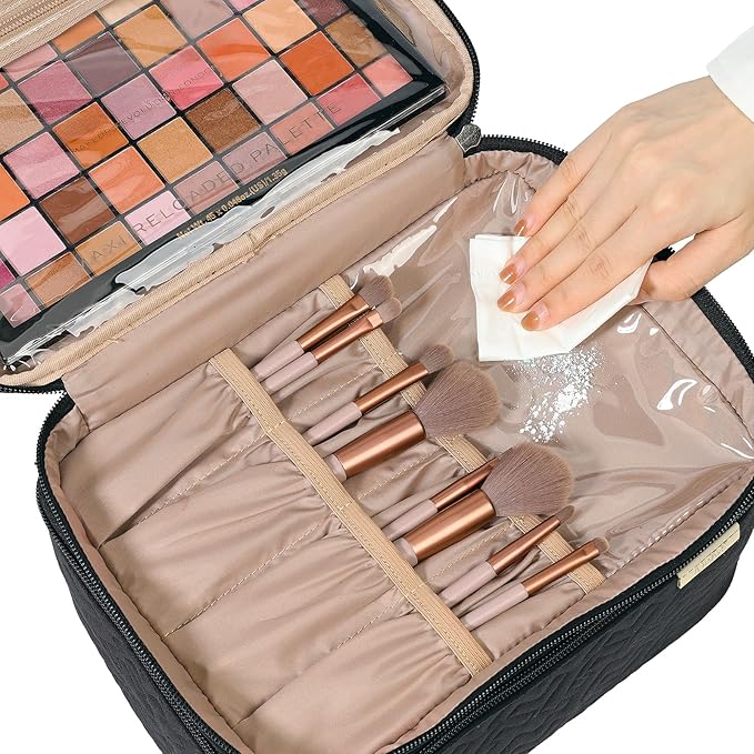 NISHEL Large Double Layer Travel Makeup Bag Women, Cosmetic Case, Organizer for Travel-Size Accessories Bottles, Brushes, Conditioner, and Skin Care Products, Black