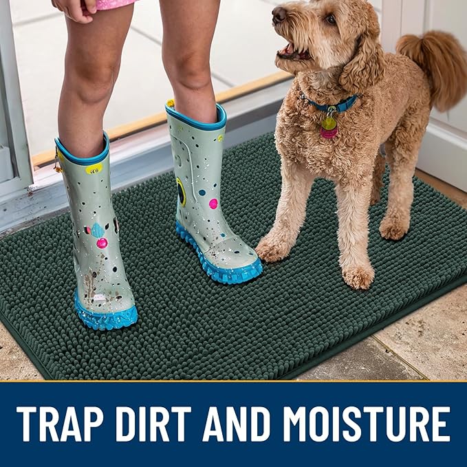 Smiry Dog Door Mat for Muddy Paws 59x24, Absorbs Moisture and Dirt Doormat, Non-Slip Washable Quick Dry Chenille Front Door Mat Indoor Entrance, Entryway Carpet for Inside Floor, Green