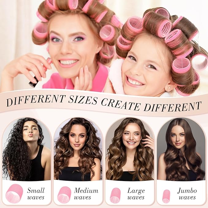 Obeoby 4 Sizes Rollers Hair Curlers for Women, 38 Pcs Set Hair Rollers Heatless 25mm 36mm 48mm 60mm Self Grip Hair Rollers with Clips, Curlers for Long Short Thick Thin Hair Bangs, Pink