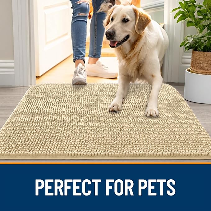 OLANLY Dog Door Mat for Muddy Paws 40x32, Absorbs Moisture and Dirt, Absorbent Non-Slip Washable Doormat, Quick Dry Chenille Mud Mat for Dogs, Entry Indoor Entryway Carpet for Inside Floor, Sand
