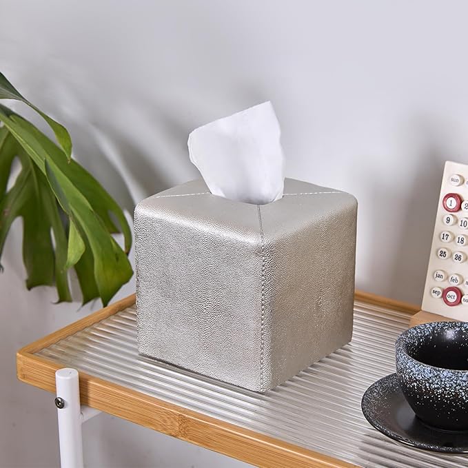 Silver Square Tissue Box Cover,Resin Heavy Sturdy Tissue Box Holder, Facial Paper Holder for Bathroom Vanity Countertop,Bedroom Night Stand,Office and End Table