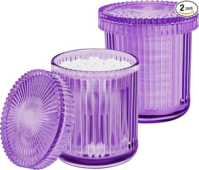 2 Pack Qtip Holder - Apothecary Jars with Lids, Bathroom Organizers and Storage Canister for Cotton Balls,Swabs,Floss Picks,Hair Ties,Clear Glass Vintage Bathroom Decor Jar Set (purple)