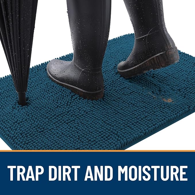 OLANLY Dog Door Mat for Muddy Paws 70x35, Absorbs Moisture and Dirt, Absorbent Non-Slip Washable Doormat, Quick Dry Chenille Mud Mat, Entry Indoor Entryway Carpet for Inside Floor, Atlantic Blue