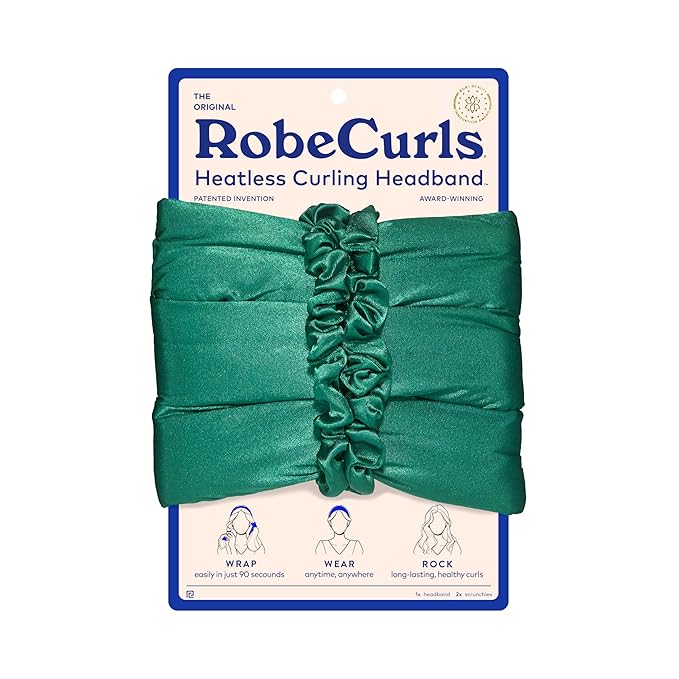 RobeCurls Original Heatless Hair Curler Set with 2 Scrunchies - Patented Satin Curling Headband with Wire Hold for Heatless Curls Overnight - Gentle Hair Curlers to Sleep In for Women & Kids, Jade