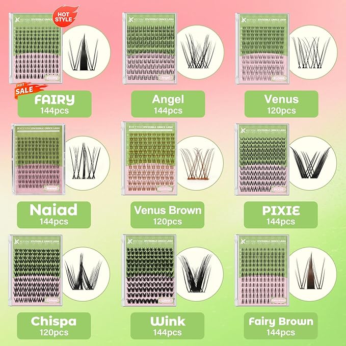 KEYYOU Venus Brown Lash Clusters Fairy Eyelash Extension C Curl 120Pcs Eyelash Extension Wispy Natural Invisible Band Lash with Waterproof DIY Lash Extension at Home(Venus Brown-C-8-16MIX)