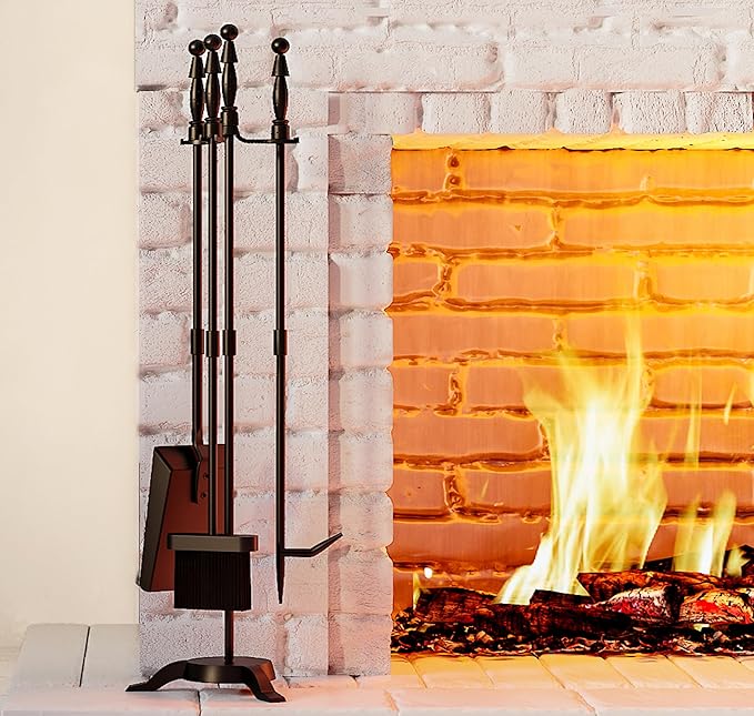 Fire Beauty Fireplace Tools Set 4 Pieces Black Wrought Iron Fire Tool Set for Outdoor/Indoor Include Poker, Shovel, Brush and Stand Accessories Set