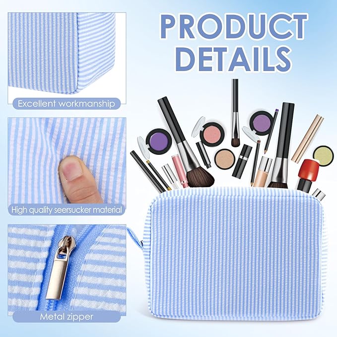 Sanwuta 6 Seersucker Cosmetic Bag Bulk Pinstripe Makeup Bag for Women Aesthetic Cute Travel Toiletry Organizer Preppy Storage Pouch for Wedding Bridesmaid Christmas Gift (Large,Light Blue)