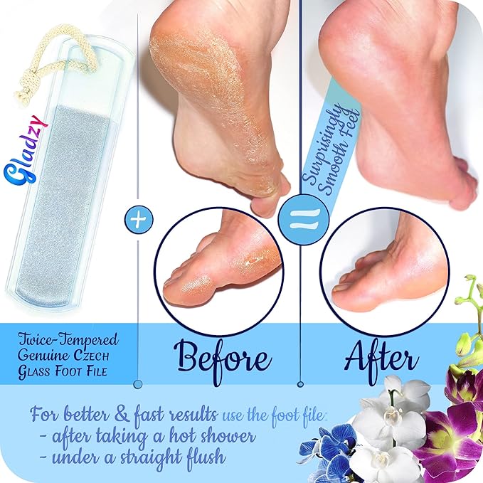 GLADZY Genuine Czech Glass Nail File Set - Callus Remover Foot Rasp, Cuticle Pusher Manicure Stick, Double Sided Etched Different Grit Surface, Professional Nail Care Tool, Made in EU