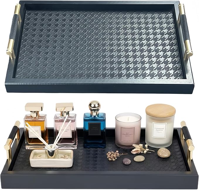 Bamboo Vanity Tray for Dresser - 13.4" Black Gold Catchall Organizer for Cologne, Perfume, Cosmetics, Jewelry, Candle, Watch, Key - Decorative Valet Tray for Living room, Bathroom, Bedroom, Countertop