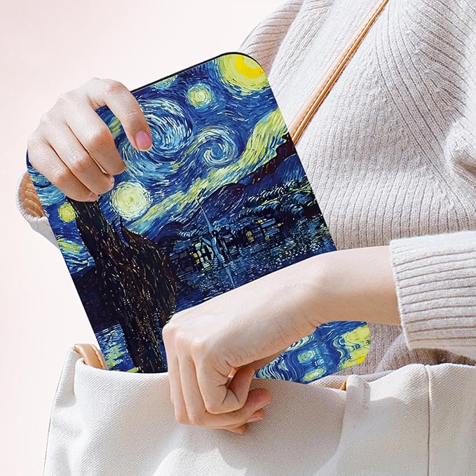 Folding Mirror Portable, Travel Makeup PU Portable Adjustable Rectangular Ultrathin Vanity Mirror with Stand,Starry Night Van Gogh Cute Mirror Art Artistic Gifts for Women