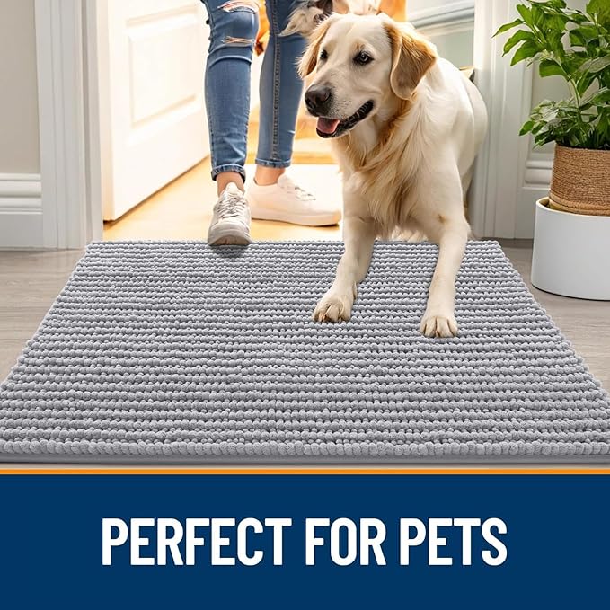 OLANLY Dog Door Mat for Muddy Paws 40x32, Ultra Absorbent Chenille Mud Doormat, Non-Slip Washable and Dirt Trapping Doormat for Indoor Entryway, Quick-Dry Indoor Pet Bed Mats for Dogs, Light Grey