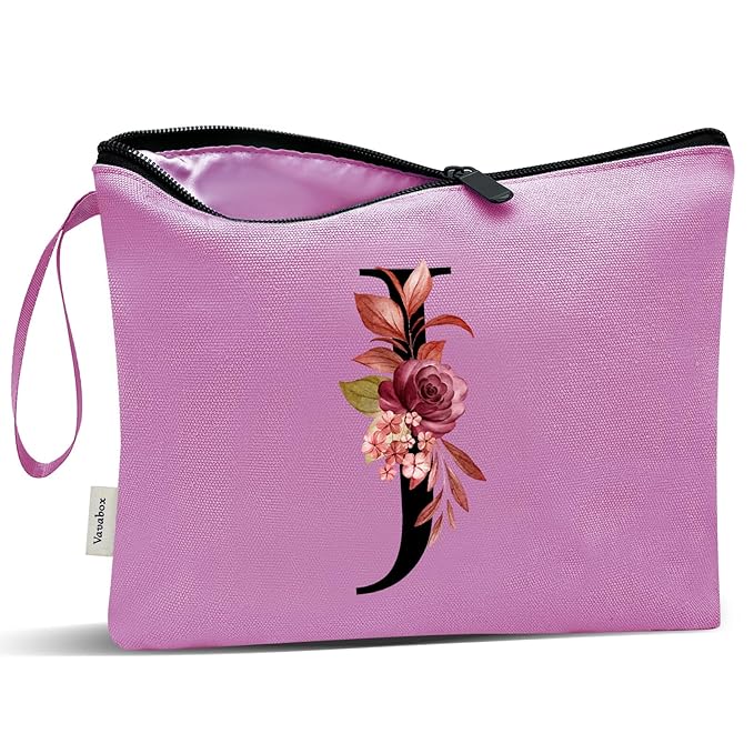 Vavabox A-Z Personalized Makeup Bag, Birthday Gifts for Women Mom, Gifts for Best Friend, Bride Bridesmaid Cosmetic bag (J, Purple)