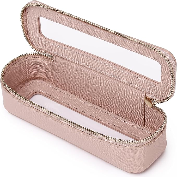 Makeup Brush Case Slim Clear Makeup Bag Travel Cosmetic Case and Waterproof Toiletry Makeup Bag with Zipper Purse Organizer for Women (Pink, Slim)