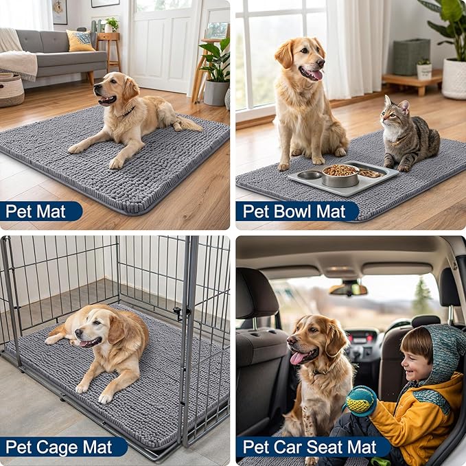 Smiry Dog Door Mat for Muddy Paws 59x20, Absorbs Moisture and Dirt Doormat, Non-Slip Washable Quick Dry Chenille Front Door Mat Indoor Entrance, Entryway Carpet for Inside Floor, Grey
