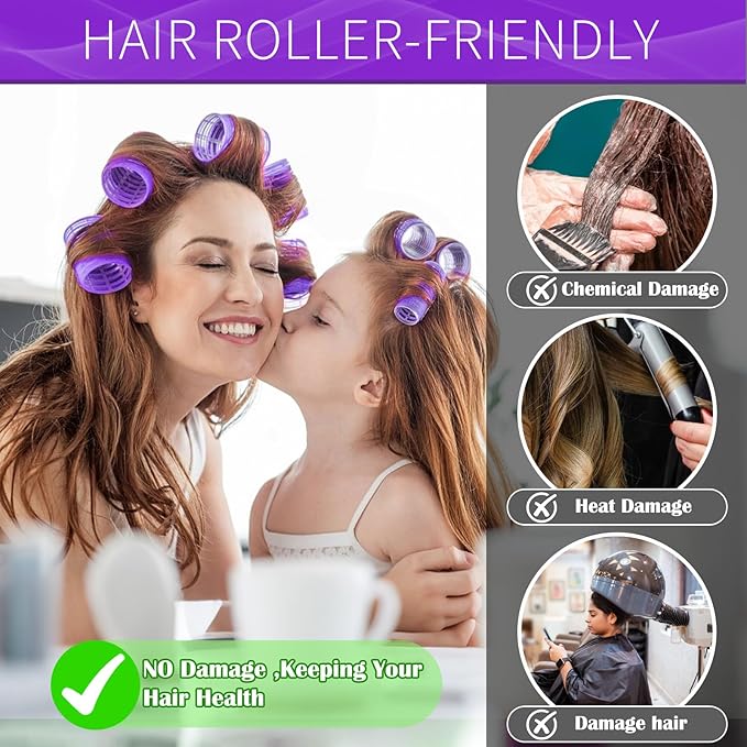 Hair Rollers, 12 Pack Self Grip Salon Hairdressing Curlers, DIY Curly Hairstyle, Large Rollers 1.57In Deep Purple