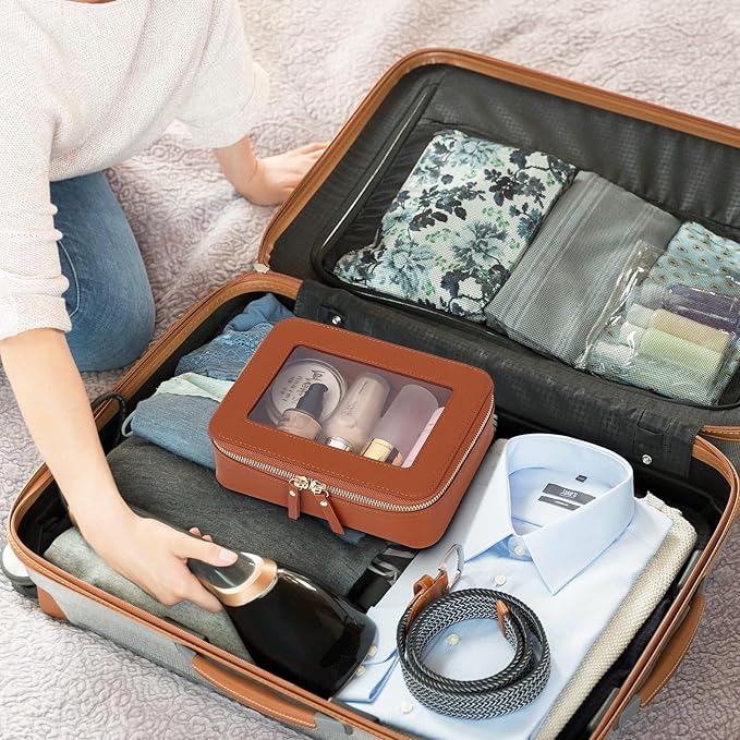 Clear Travel Makeup Bag with Brush Case Portable Transparent Cosmetic Bag and Toiletry Bag Waterproof Makeup Organizer with Zipper Car Essential for Women (Brown, M+Slim)