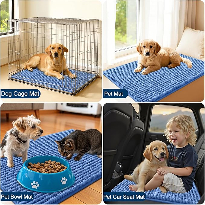 OLANLY Dog Door Mat for Muddy Paws 59x35, Ultra Absorbent Chenille Mud Doormat, Non-Slip Washable and Dirt Trapping Doormat for Indoor Entryway, Quick-Dry Indoor Pet Bed Mats for Dogs, Cornflower Blue