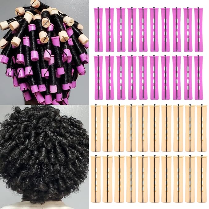 40PCS Hair Perm Rods Set For Short Hair,Beige Purple Perm Rods For Black Women Plastic Cold Wave Rods For Long Hair(40Pcs,Beige+Purple)