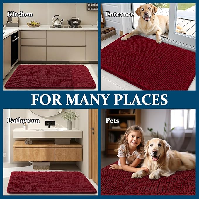 OLANLY Dog Door Mat for Muddy Paws 34x21, Absorbs Moisture and Dirt, Absorbent Non-Slip Washable Doormat, Quick Dry Chenille Mud Mat for Dogs, Entry Indoor Entryway Carpet for Inside Floor, Red