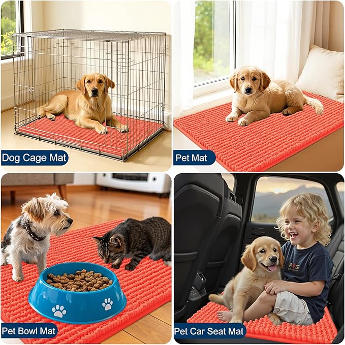OLANLY Dog Door Mat for Muddy Paws 44x24, Ultra Absorbent Chenille Mud Doormat, Non-Slip Washable and Dirt Trapping Doormat for Indoor Entryway, Quick-Dry Indoor Pet Bed Mats for Dogs, Coral