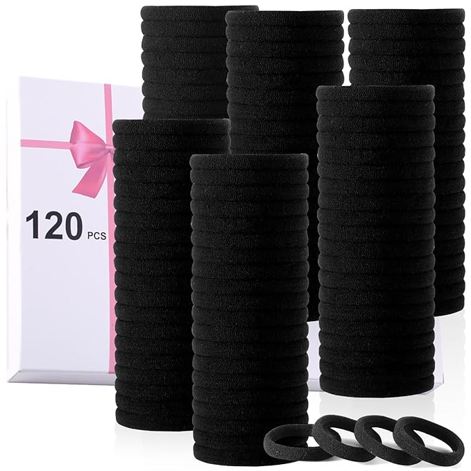 LuSeren 120PCS Black Hair Ties for Thick Hair – Seamless No Damage Elastic Ponytail Holders, Black Hair Band,Bulk Nylon Hair Elastics for Women
