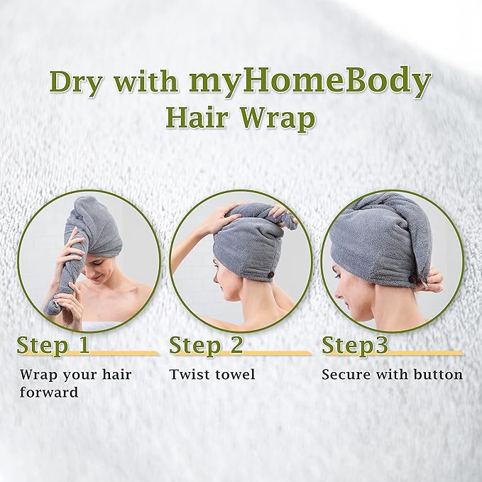 myHomeBody Hair Towel Wrap, Luxury Quick Drying Turban, Ultra Soft Absorbent Cap, with Coconut Shell Button – Light Gray, Pink, White, 3 Pack