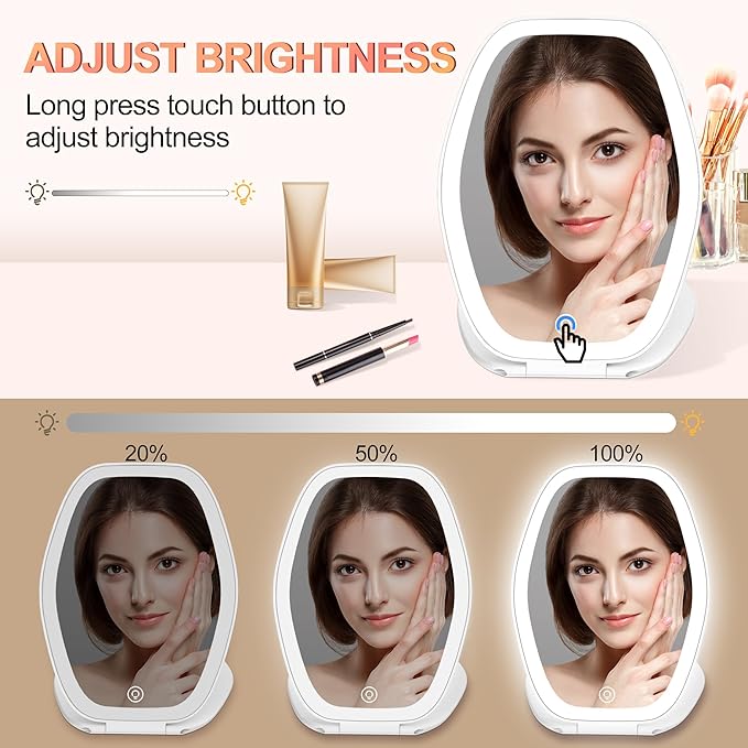 Travel Makeup Mirror with Light: 3 Color Lighting Portable Mirror with Touch Screen Rechargeable Adjustable LED Lights Hexagon Vanity Mirror for Travel, Desk, Home (White)