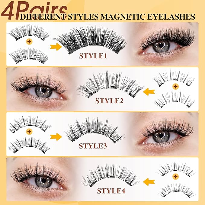 QUEWEL Magnetic Eyelashes 4 Pair Reusable Magnetic Eyelashes with Applicator No Glue Needed Eyelashes Natural Look Lash Clusters Kit Easy to Wear and Remove(4 Pairs-B14)