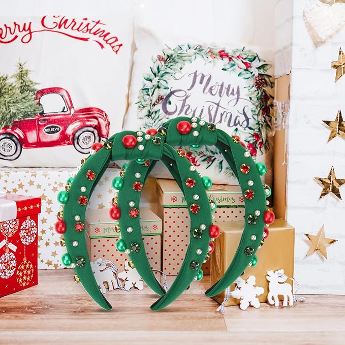 2 Pcs Christmas Headband for Women Pearl Knotted Headband Red Green Pearl Rhinestone Crystal Jeweled Hairbands Fashion Ladies Hair Band Hair Hoop Accessories Holiday Outfits Headpiece (Green)