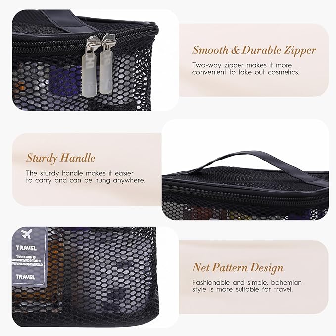 Mesh Makeup Bag, Breathable Cosmetic Bags with Zipper, Travel Lightweight Make Up Organizer Mesh, Toiletry Bag with Handle for Women Girls Gift, Black