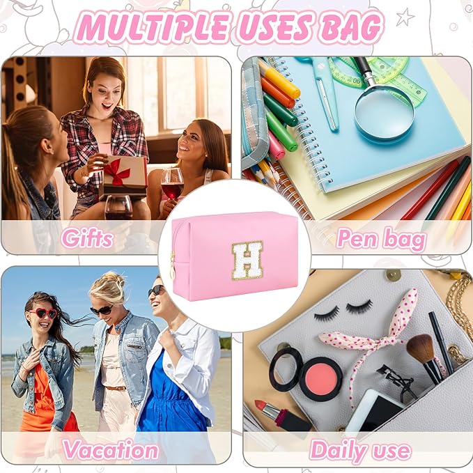 Initial Makeup Bag Personalized Preppy Travel Small Cosmetic Bag Cute PU Pink Chenille Letter Makeup Pouch for Purse Waterproof Zippered Toiletry Organizer for Women Girls Kids Friends (H)