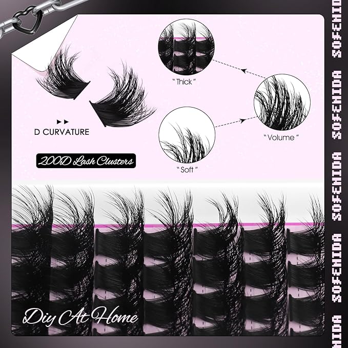 SOFENIDA Lash Clusters Kit Thick 200D Lash Extension Kit 10-18mm Volume Cluster Lashes D Curvature Cluster Eyelash Extensions DIY Lash Extension kit at Home(200D-10-18MIX Thick Kit)