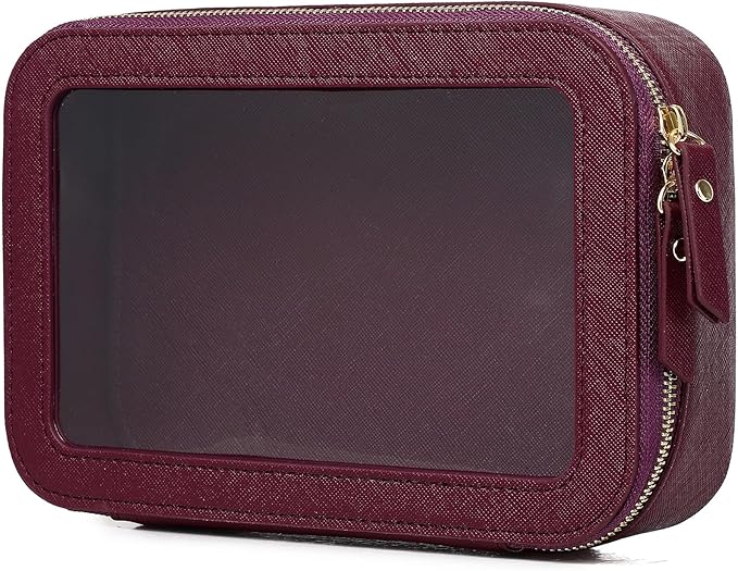 Clear Makeup Bag Small Cosmetic & Toiletry Bag Waterproof Travel Case Women's Pouch Organizer Makeup Bag for Car with Zipper (Burgundy, Small-1)