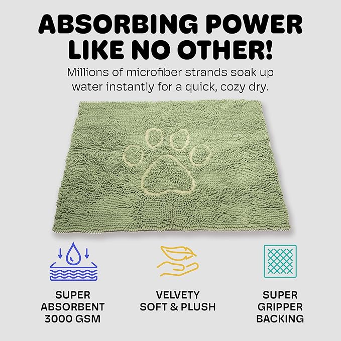 Dog Gone Smart Dirty Dog Doormat - Fast Drying Rug with Super Gripper Backing for Clean Floors - Super Absorbent and Machine Washable Mat for Muddy Paws - Sage Green