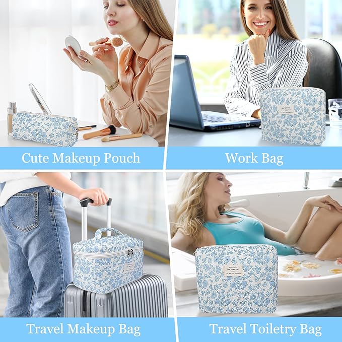 3pc Makeup Bag Set, Quilted Makeup Bag Set, Large Floral Cosmetic Bag for Women, Cute Cotton Makeup Bags, Flower Travel Toiletry Organizer Bag (Star White Rabbit)