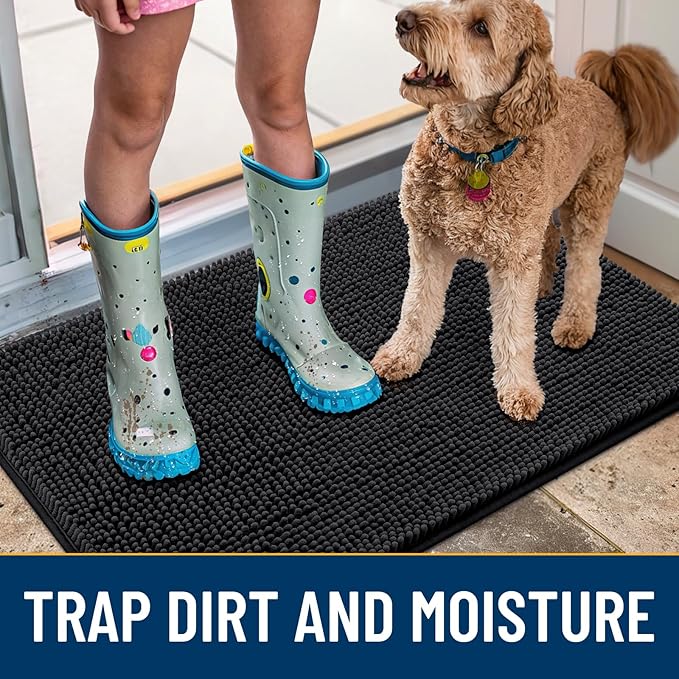 Smiry Dog Door Mat for Muddy Paws 40x24, Absorbs Moisture and Dirt Doormat, Non-Slip Washable Quick Dry Chenille Front Door Mat Indoor Entrance, Entryway Carpet for Inside Floor, Black