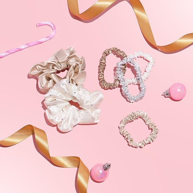SILKIE x6 Set 100% Pure Mulberry Silk Christmas Special Light Neutral Skinny Scrunchies Travel Pouch Everyday Hair Ties Elastics Hair Care Ponytail Holder No Damage (Frost)