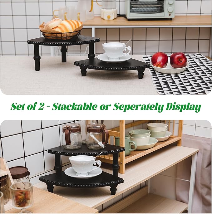 Defined Deco 2 Tier Corner Pedestal Stand Rustic Decor Riser for Display - Farmhouse Wood Beaded Tray Kitchen Bathroom Countertop Organizer for Coffee Bar, Plant Stand, Black Stackable Corner Shelf