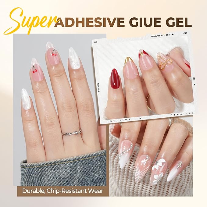 UNA GELLA 9 in 1 Gel Nail Glue for Clear Acrylic Nails Tips 2Pcs 10ml Long Lasting Super Strong Brush on Nail Gel Glue for False Press on Nails Tips Base Blooming Gel, U V Light Required