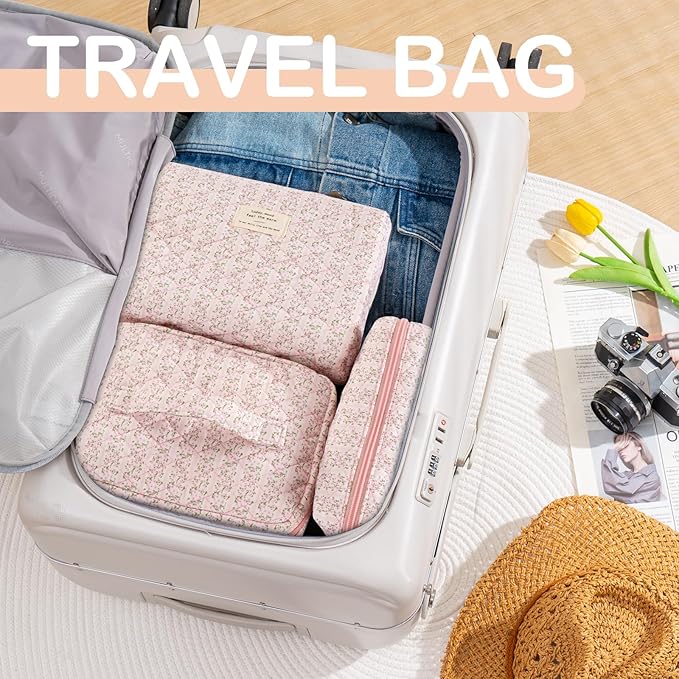 Makeup Bag for Women 3PCS Quilted Cotton Make Up Bag Travel Cosmetic Bag Large Makeup Bag Set Cute Makeups Organizer Floral Toiletry Pouch for Purse, Pink Stripe