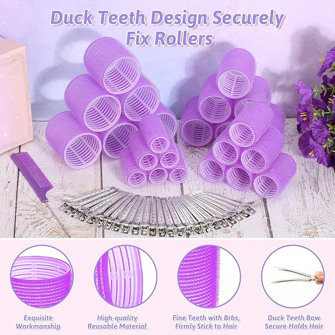 50 Pcs Rollers Hair Curlers Set with 24Pcs Self Grip Hair Rollers 4 Sizes and 24 Pcs Clips for Blowout Look Long Medium Short Thick Hair Volume