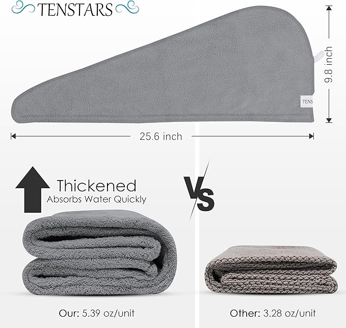 TENSTARS 5 Pack Thicken Microfiber Hair Towel Wrap for Women - Elastic Loop Design - 320GSM Coral Velvet - Quick Dry Hair Turban - 11x28 Inch (Grey+Pink+Brown+FrozenBlue+FrozenBerry)